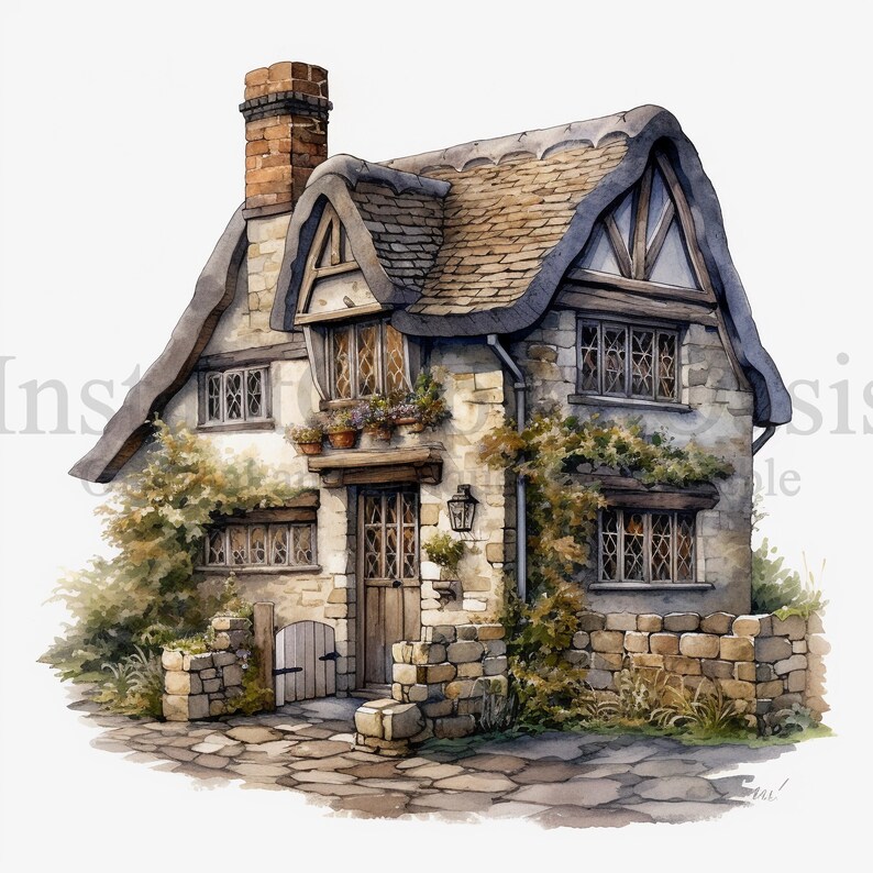 May include: A quaint, stone cottage with a thatched roof, ivy growing on the walls, and a wooden door. The cottage has multiple windows with a view of the surrounding greenery.