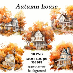Clipart Autumn House, 10 PNG di alta qualità, Arte dell'acquerello, Download digitale, Creazione di cartoline, Supporti misti, Mestiere con carta digitale / #1198