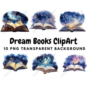 May include: Ten digital clipart images of open books with a starry night sky and galaxy swirling above them. The books are open and the pages are blank. The images are in a watercolor style with a soft, dreamy feel.