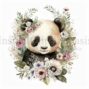 Clipart floral de pandas, 10 JPGs de alta qualidade, arte de berçário, planejador digital, aquarela, confecção de cartões, registro no diário, download digital | #294