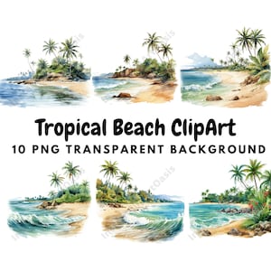 Tropical Beach Clipart, 10 High Quality PNGs Transparent Background, Digital Download | Card Making, Digital Paper Craft #844