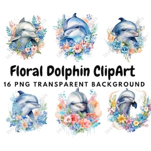 16 Hochwertige PNGs, Floral Delfin Clipart, Kinderzimmer Kunst | Kartenherstellung, Clip Art, Delfin Druck, Digitales Papier Handwerk, Aquarell | #919