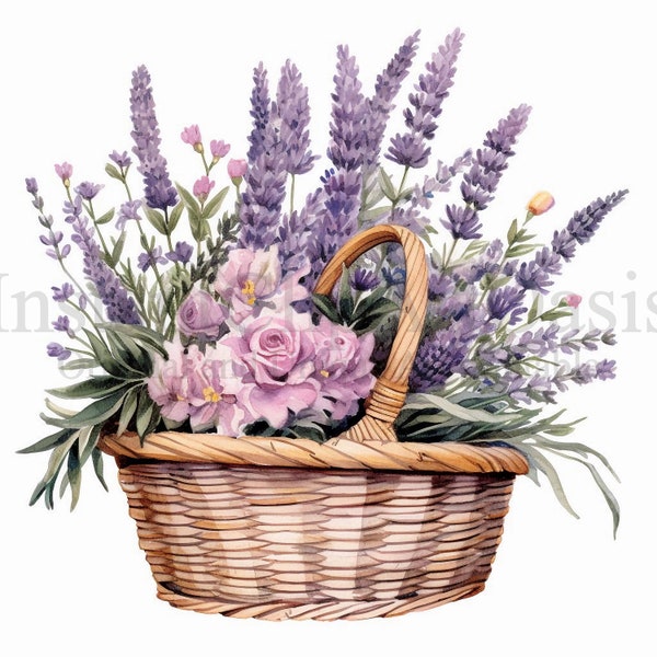 Lavender Basket Clipart, 10 High Quality JPGs, Junk Journaling, Digital Planner, Wall Art, Digital Paper Craft, Watercolor | #634