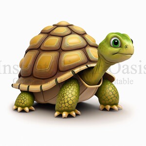 K&ouml;nnte beinhalten: Eine Comic-Schildkr&ouml;te mit gr&uuml;nem Panzer und Kopf, braunen Beinen und gelben Markierungen auf ihrem Panzer. Die Schildkr&ouml;te geht vorw&auml;rts und hat den Kopf nach rechts gedreht.