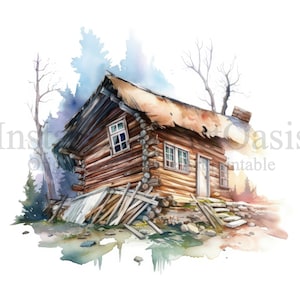 Clipart de casa de madera abandonada, 10 JPG de alta calidad, arte de acuarela, descarga digital, fabricación de tarjetas, técnica mixta, arte de papel digital / #722