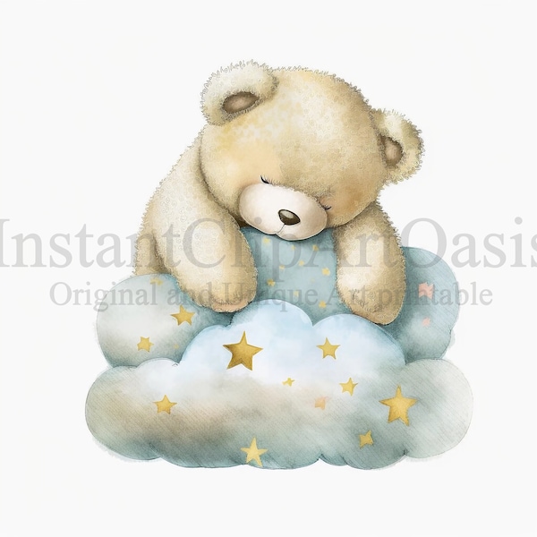 Sleeping Teddy Bears Clipart, 10 High Quality JPGs, Nursery Art, Digital Download Card Making, Cute Animal Clipart, Digital Paper Craft #295