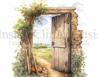 Doors on Countryside Clipart, 10 High Quality JPGs, Watercolor Art, Digital Download, Card Making, Mixed Media, Digital Paper Craft | #775