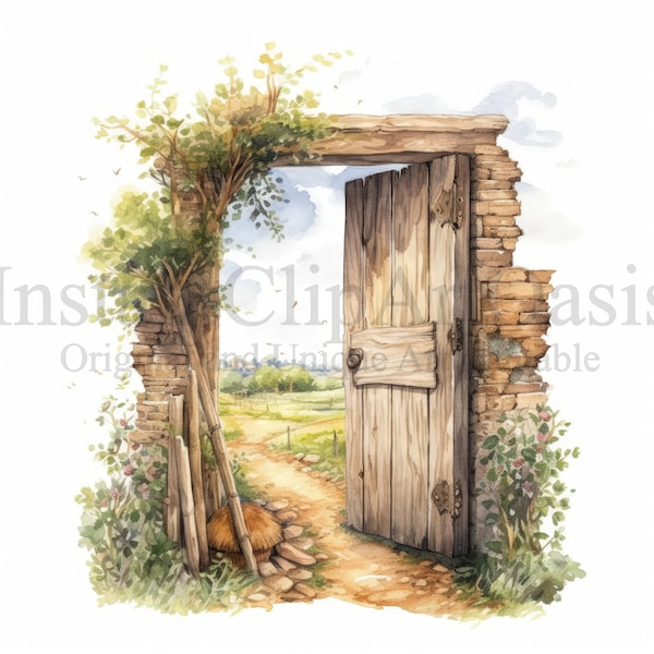 Doors on Countryside Clipart, 10 JPG's van hoge kwaliteit, aquarelkunst, digitale download, kaarten maken, mixed media, digitale papierkunst | #775