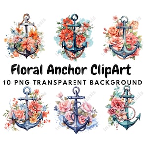 Florales Anker-Set 2 Clipart, 10 hochwertige PNGs, Kinderzimmerkunst, digitaler Download | Kartenherstellung, Anker Clipart, digitales Papierhandwerk | #549