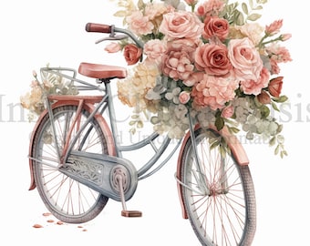 Rose Bicycles Clipart, 10 High Quality JPGs, Vintage Art, Digital Download, Card Making, Vintage Bicycle Clipart, Digital Paper Craft | #583