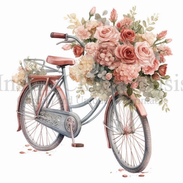 Rose Bicycles Clipart, 10 High Quality JPGs, Vintage Art, Digital Download, Card Making, Vintage Bicycle Clipart, Digital Paper Craft | #583