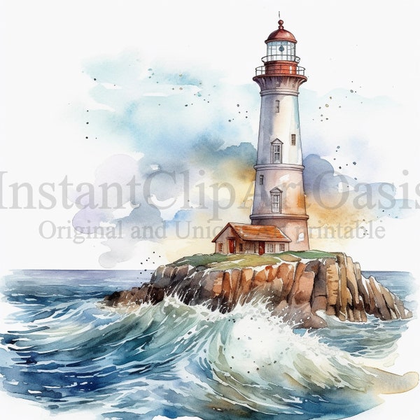 Lighthouse Clipart |Set 3| 10 High Quality JPGs, Watercolor Art, Digital Download, Card Making, Mixed Media, Digital Paper Craft | #555