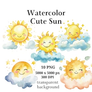 Cute Sun Clipart, 10 High Quality PNGs, Nursery Art, Digital Download | Card Making, Sun and Cloud Clipart, Digital Paper Craft | #1026