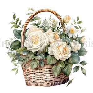 White Roses Basket Clipart, 10 hoogwaardige JPG's, Junk Journaling, Digital Planner, Wall Art, Digital Paper Craft, Aquarel | #636