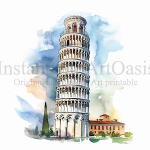 Imágenes Prediseñadas de la Torre de Pisa, 10 JPG de alta calidad, Arte de acuarela, Descarga digital, Fabricación de tarjetas, Técnica mixta, Arte de papel digital / #647