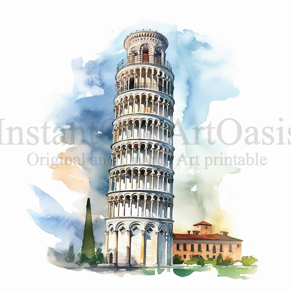 Pisa Tower Clipart, 10 JPG de haute qualité, Art de l'aquarelle, Téléchargement numérique, Fabrication de cartes, Mixed Media, Digital Paper Craft | #647