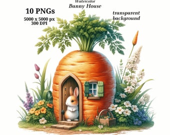 Bunny House Clipart - 10 High Quality PNGs, Digital Planners, Junk Journals, Digital Download, Memory Books, Scrapbooking | #1418