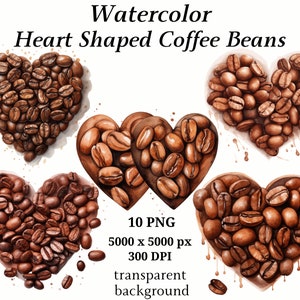 Clipart di chicchi di caffè a forma di cuore -10 PNG di alta qualità, Grafica stampabile, Creazione di cartoline, ClipArt di caffè, Mestiere di carta digitale / #1213
