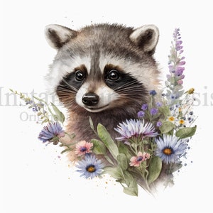 Clipart de ratons laveurs floraux, 10 JPG de haute qualité, pépinière d'art, planificateur numérique, aquarelle, fabrication de cartes, journalisation, téléchargement numérique | #534