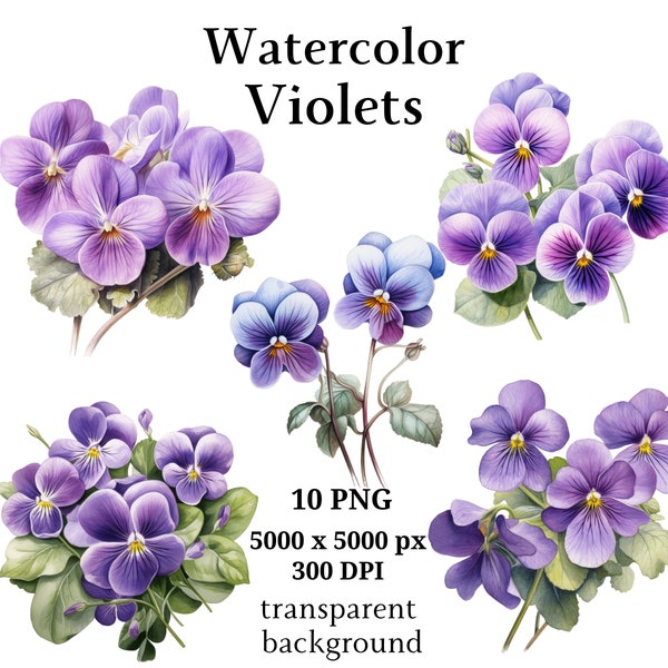 Violets Clipart, 10 High Quality PNGs, Botanical Clipart, Digital Planners, Junk Journals, Digital Download, Memory Books | #1095