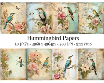 Hummingbird Papers, 10 High Quality JPGs, Vintage Illustration, Scrapbooking, Junk Journaling, Card Making, Digital Paper Craft | #821