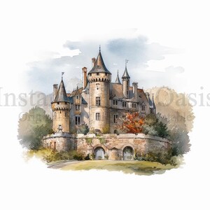 May include: A watercolor painting of a stone castle with multiple towers and a stone wall surrounding it. The castle is surrounded by trees and a grassy area.