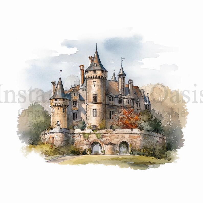 May include: A watercolor painting of a stone castle with multiple towers and a stone wall surrounding it. The castle is surrounded by trees and a grassy area.