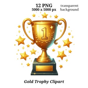 Clipart de troféu de ouro, 12 PNGs de alta qualidade | Download digital | Taça Vencedor Número Um | Decoração da Cerimônia de Premiação | Download instantâneo | #1479