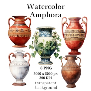 Peut inclure: Illustration à l'aquarelle de différentes amphores dans les tons de rouge, marron, blanc et bleu. Les vases présentent des motifs décoratifs et des anses, l'un d'eux étant orné de lierre vert. Le texte "Watercolor Amphora" est en haut.