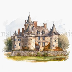 May include: A watercolor painting of a stone castle with multiple towers and a stone wall surrounding it. The castle is surrounded by green grass and trees. The castle has a brown roof and windows.