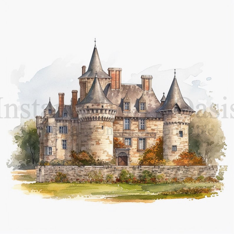 May include: A watercolor painting of a stone castle with multiple towers and a stone wall surrounding it. The castle is surrounded by green grass and trees. The castle has a brown roof and windows.
