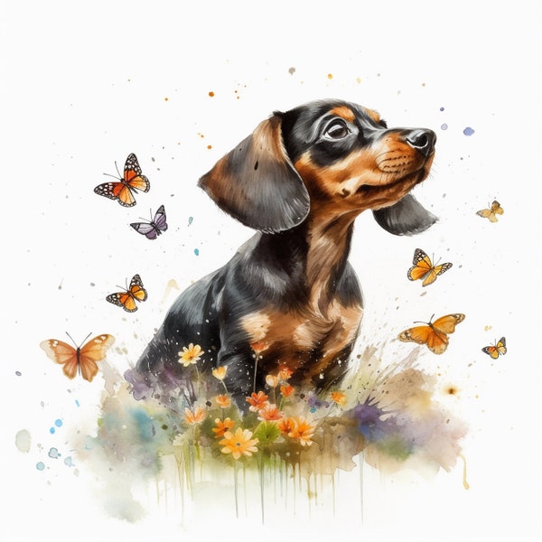 Dachshund & Butterflies Clipart, 10 High Quality JPGs, Nursery Art | Card Making, Clip Art, Digital Paper Craft, Watercolour Painting | #428