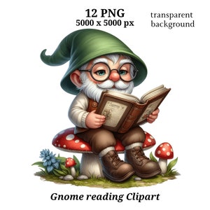 Gnome Reading Clipart, 12 High Quality PNGs, Nursery Art, Digital Download | Card Making, Cute Gnome Clipart, Digital Paper Craft | #1496
