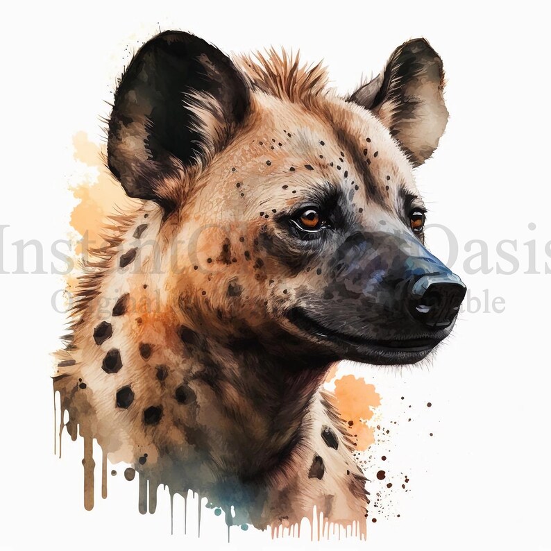 May include: A watercolor painting of a spotted hyena with a brown and black coat. The hyena is looking to the right and has a light brown background with watercolor splatters.