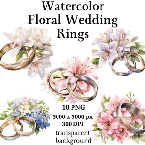 花の結婚指輪のクリップアート - 10 個の高品質 PNG、即時デジタルダウンロード | カード作成、結婚式のクリップアート、デジタル ペーパー クラフト #1162