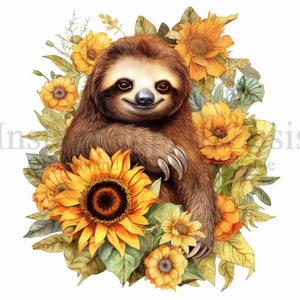 Sunflower Sloth Clipart, 10 High Quality JPGs, Nursery Art, Digital Planner, Watercolor, Card Making, Journaling, Digital Download 551 image 2