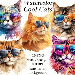 Cool Cats Clipart - 10 High Quality PNGs, Nursery Art, Digital Download, Card Making, Cat Clipart, Paper Craft, Cats Images | #1262