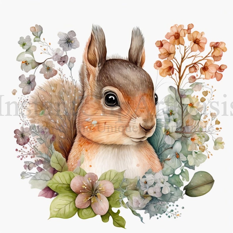 Floral Squirrels Clipart, 10 High Quality JPGs, Nursery Art, Digital Planner, Watercolor, Card Making, Journaling, Digital Download | #85 image 7