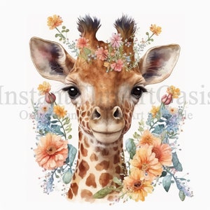 Blumen Giraffen Clipart, 10 hochwertige JPGs, Kinderzimmer Kunst, digitaler Planer, Aquarell, Kartenherstellung, Journaling, digitaler Download | #251