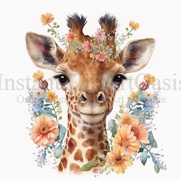 Floral Giraffes Clipart, 10 High Quality JPGs, Nursery Art, Digital Planner, Watercolor, Card Making, Journaling, Digital Download | #251