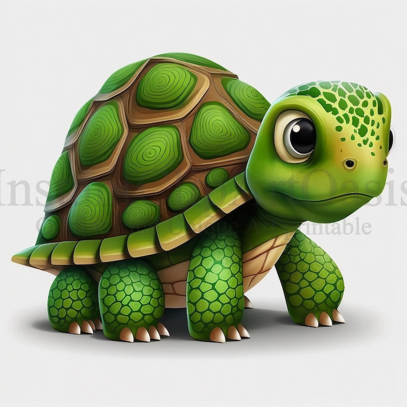 K&ouml;nnte beinhalten: Eine Cartoon-Illustration einer gr&uuml;nen Schildkr&ouml;te mit brauner Schale. Die Schildkr&ouml;te hat gro&szlig;e, runde Augen und einen kleinen Mund. Die Schale ist mit gr&uuml;nen Kreisen gemustert.