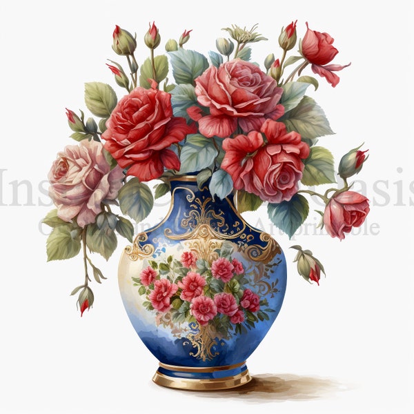 Red Roses in Blue Vase Clipart, 10 High Quality JPGs, Botanical Art, Digital Download, Card Making, Journaling, Digital Paper Craft | #380