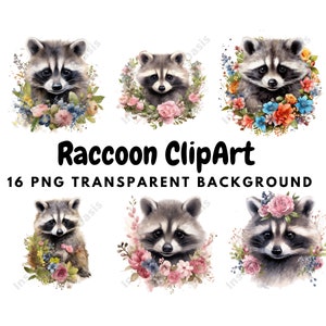 16 PNG de haute qualité - Floral Raccoons Clipart - set 2 - Nursery Art, Digital Planner, Aquarelle, Card Making, Digital Download | #913