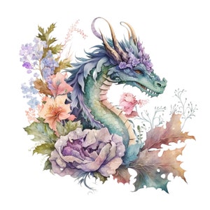 Clipart de dragones florales, 10 PNG de alta calidad, Dragón de fantasía, Descarga digital instantánea / Fabricación de tarjetas, Artesanía de papel digital / #212