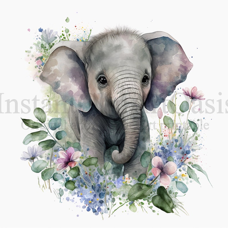 Pu&ograve; includere: Un dipinto ad acquerello di un elefantino in piedi in un campo di fiori. L'elefante &egrave; grigio con grandi orecchie e una lunga proboscide. I fiori sono di vari colori, tra cui rosa, blu e viola.