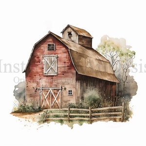 Barn Clipart, 10 JPG di alta qualità, Arte dell'acquerello, Download digitale, Creazione di carte, Media misti, Mestiere di carta digitale / #174