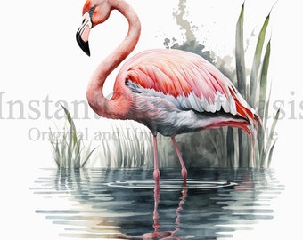 Flamingo Clipart, 10 High Quality JPGs, Nursery Art | Card Making, Clip Art, Flamingo Print, Digital Paper Craft, Watercolour Painting #347