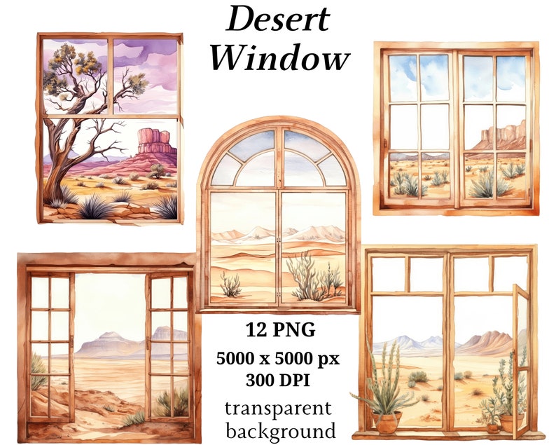 Window Picture Desert Window on Desert Clipart, 12 High Quality Pngs, Watercolor Art, Digital ...
