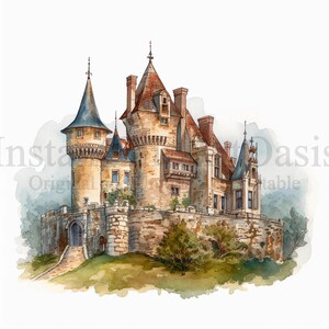 May include: A watercolor painting of a stone castle with a tall tower and a pointed roof. The castle is surrounded by trees and a grassy hill. The painting is done in a realistic style and has a warm, inviting feel.