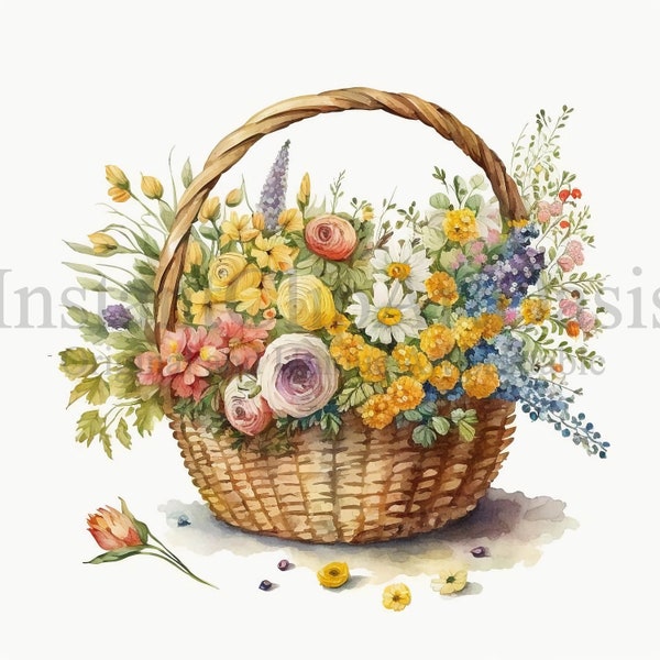 Flower Basket Clipart, 10 High Quality JPGs, Junk Journaling, Digital Planner, Wall Art, Digital Paper Craft, Watercolor | #70